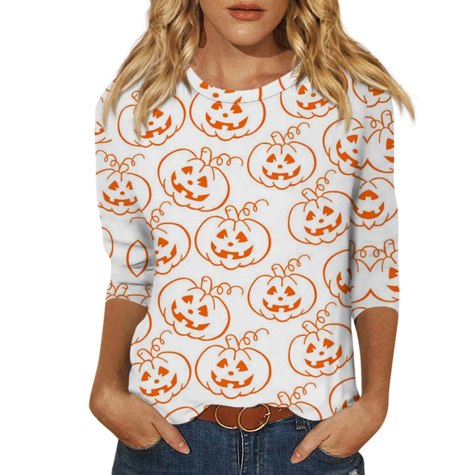 Women\'s Fashion Casual Round Neck 3/4 Sleeve Loose Halloween Printed T-Shirt Ladies Top Tops for Women Womens Tops and Blouses