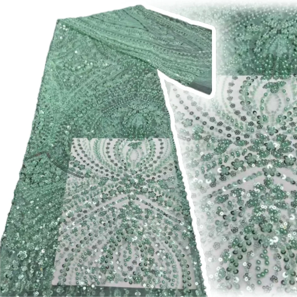 

Luxury Green Sequins Tube Beads Lace Fabric for Wedding 2026 New Design French African Tulle Mesh Lace for Evening Dress 1926