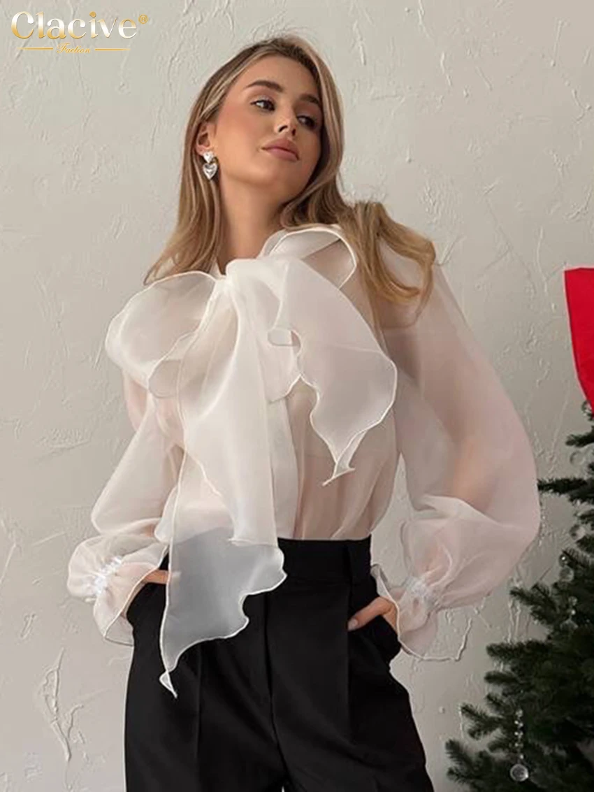 

Clacive Fashion Loose White Women's Shirt 2026 Spring Bow Collar Long Sleeve Shirts Elegant Classic Lace-Up Top Female Clothing
