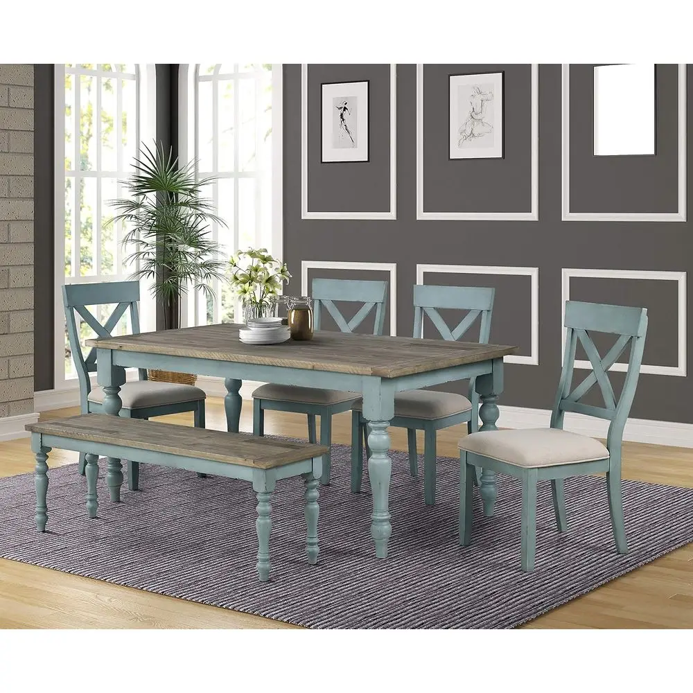 

6-Piece Antique Blue Dining Set: Table with 4 Chairs and Bench in Distressed Walnut Finish