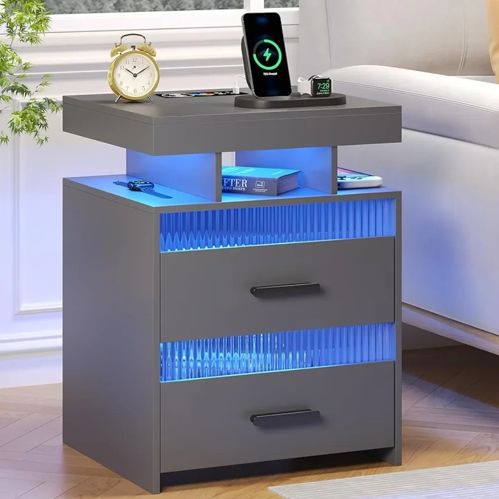 Bedside-End-Table-Smart RGB Nightstand with USB/Type-C/Wireless Charging Station and Human Sensor LED Lights