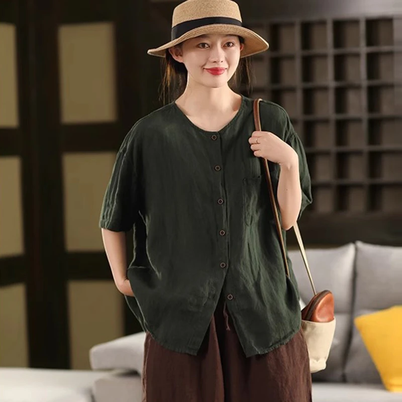 100% 린넨 여성 캐주얼 셔츠 신상 2025 여름 빈티지 스타일 O넥 단색 루즈핏 여성 반팔 탑 셔츠 T677