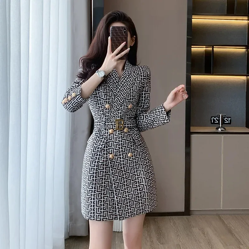 2024 Spring Autumn New Fashion Printing Suit Jacket Women's Long Sleeve Dress Mid-Long Double-Breasted Blazer Trench Coat Female