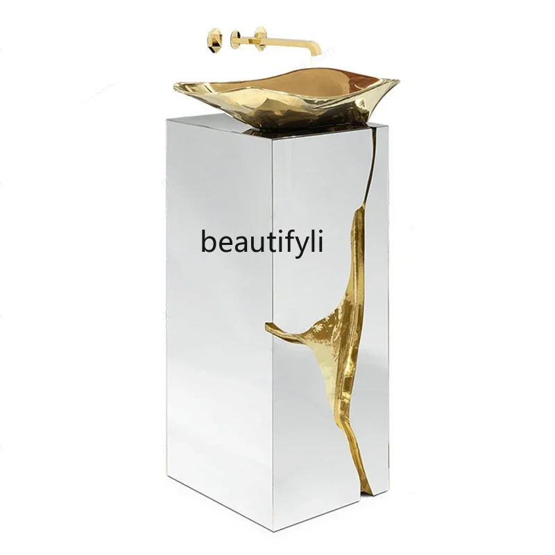 

ls 42Italian light luxury stainless steel washbasin villa hotel high-end design integrated column basin creative metal washbasin