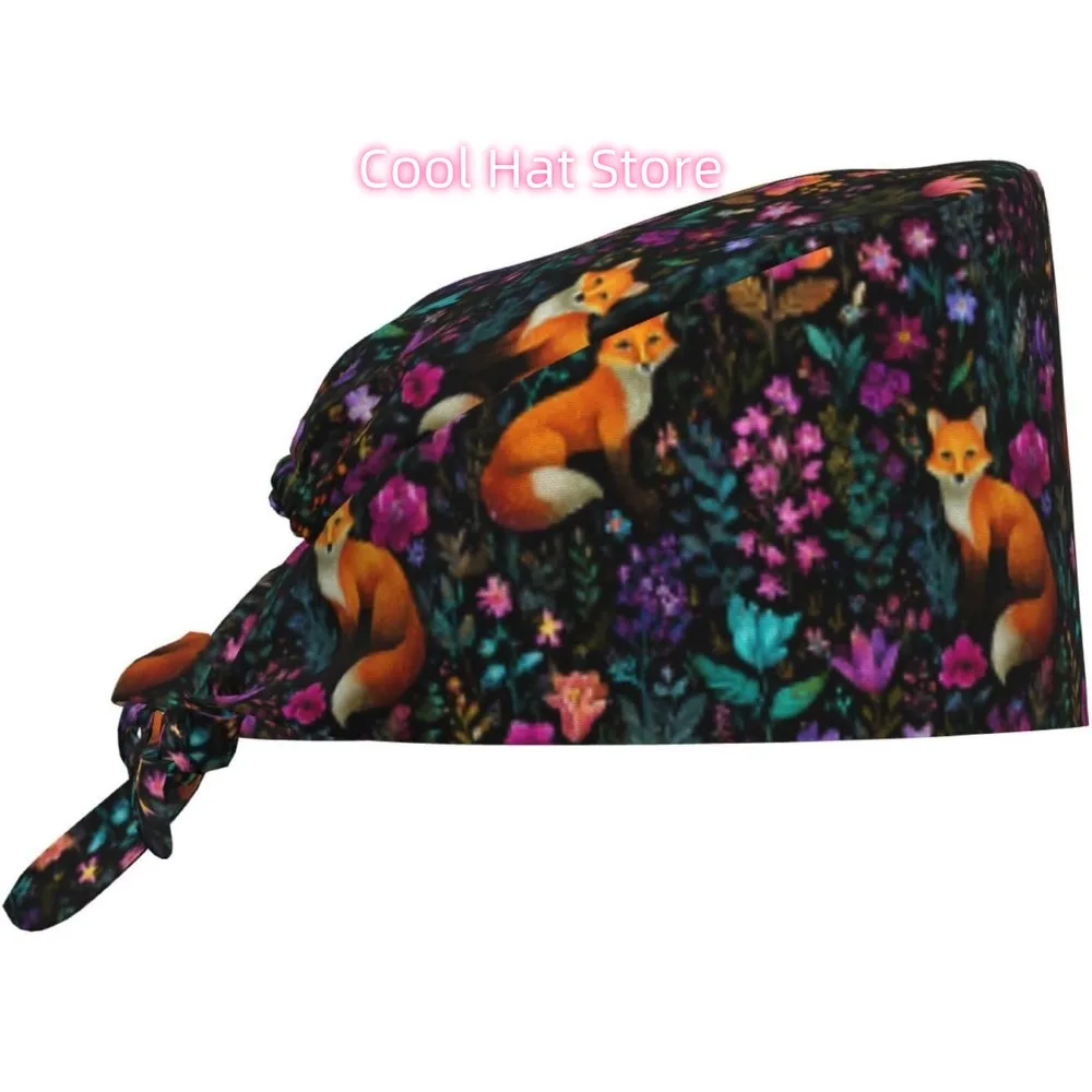 1pc Adjustable Scrub Cap with Sweatband - Lightweight 100%, One Size  Dark night secret realm, flower cluster, red fox pattern