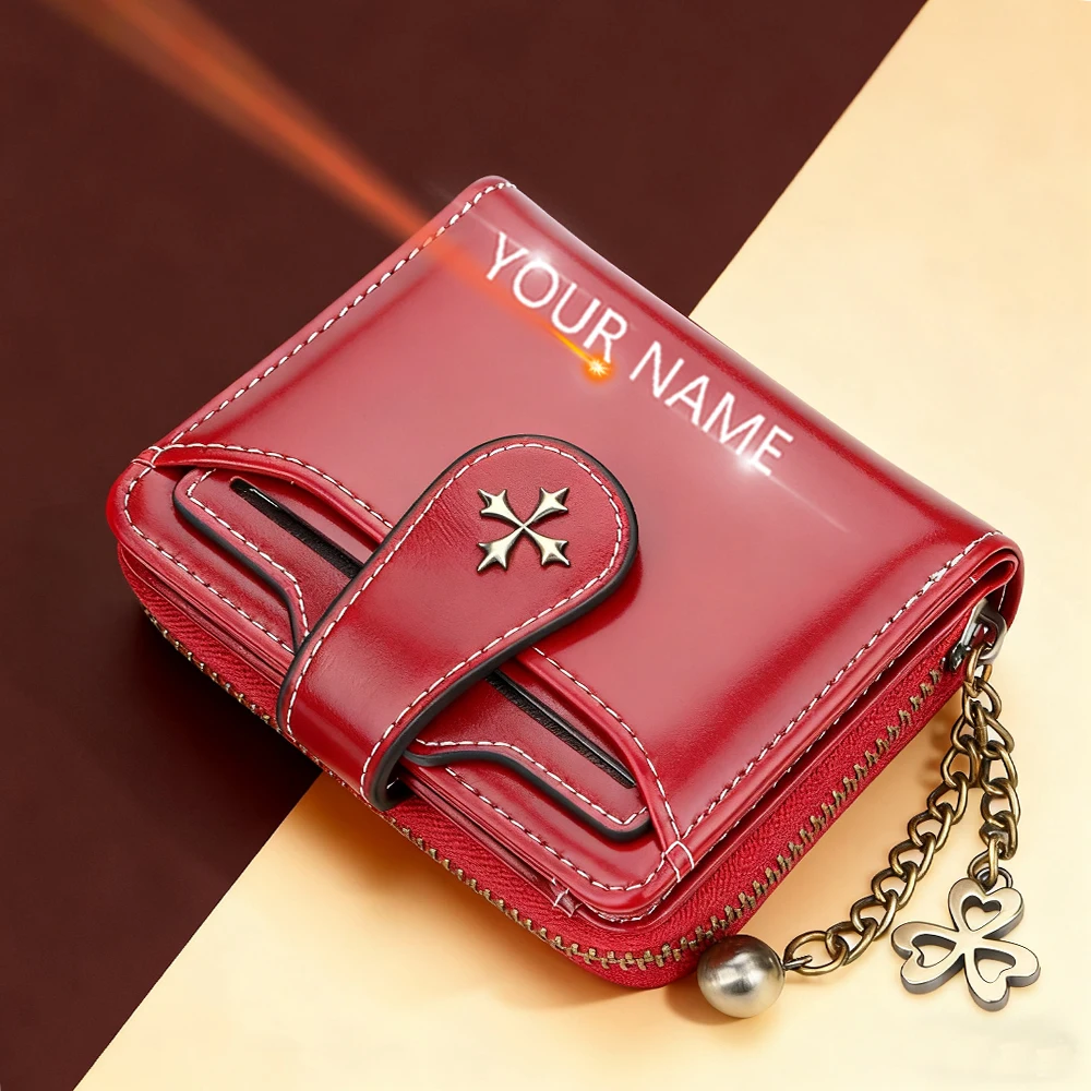 

Name Engraving Women Short Wallets High Quality Card Clips Zipper Female Coin Purses Photo Slot Large Capacity Wallet for Girls