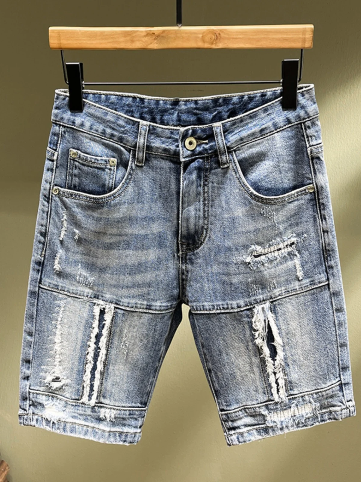 

Мужские модные джинсовые шорты в стиле High Street с пятью прорезями, износостойкие, летние, тонкие, хлопковые, эластичные, облегающие.