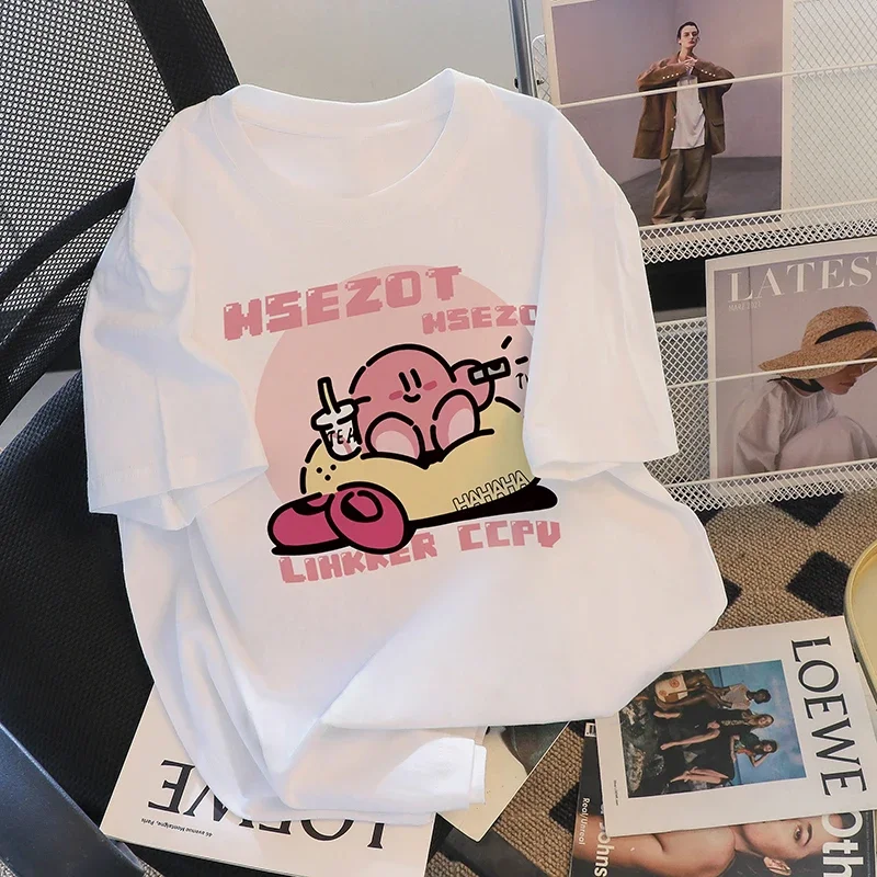 Y2k Short Sleeves T-shirt  Harajuku Cartoon Pattern Tee Printed White Minimalist T-shirt Western-style Micro Elastic Casual Top