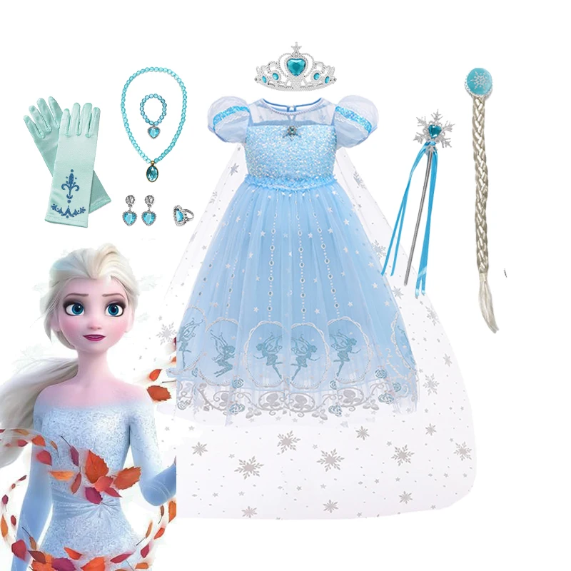 

Disney Frozen Princess Dress Anime Movie Elsa Role Play Blue Mesh Charm Ball Gown For Girls Birthday Party Masquerade Costume