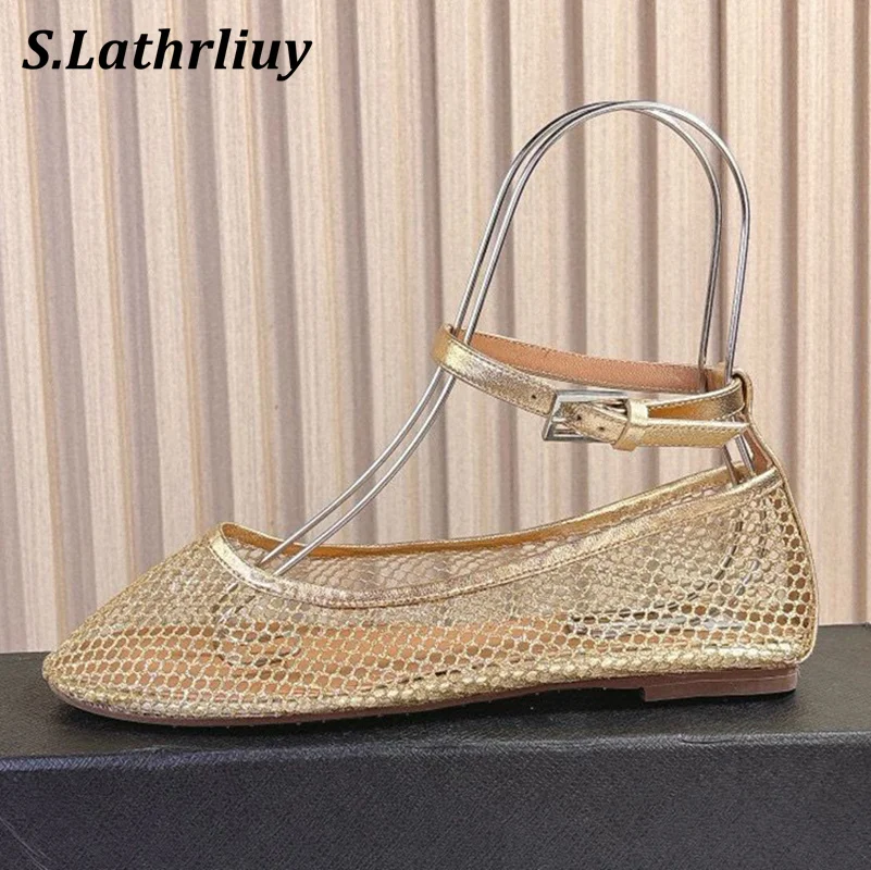 

New Fashion Mesh Breathable Ballet Flat Shoes Women's Round Toe Single Shoes Summer Ladies Ankle Buckle Strap Mary Jane Shoes