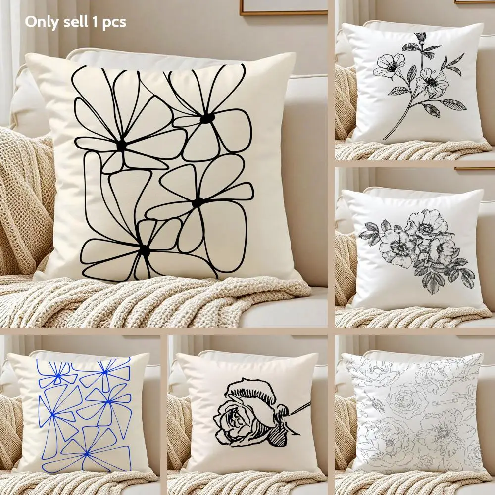Botanical Line Art Design Cushion Cover Silky Short Plush Sofa Pillow Cover Hidden Zipper Soft Dustproof Case for Home Decor