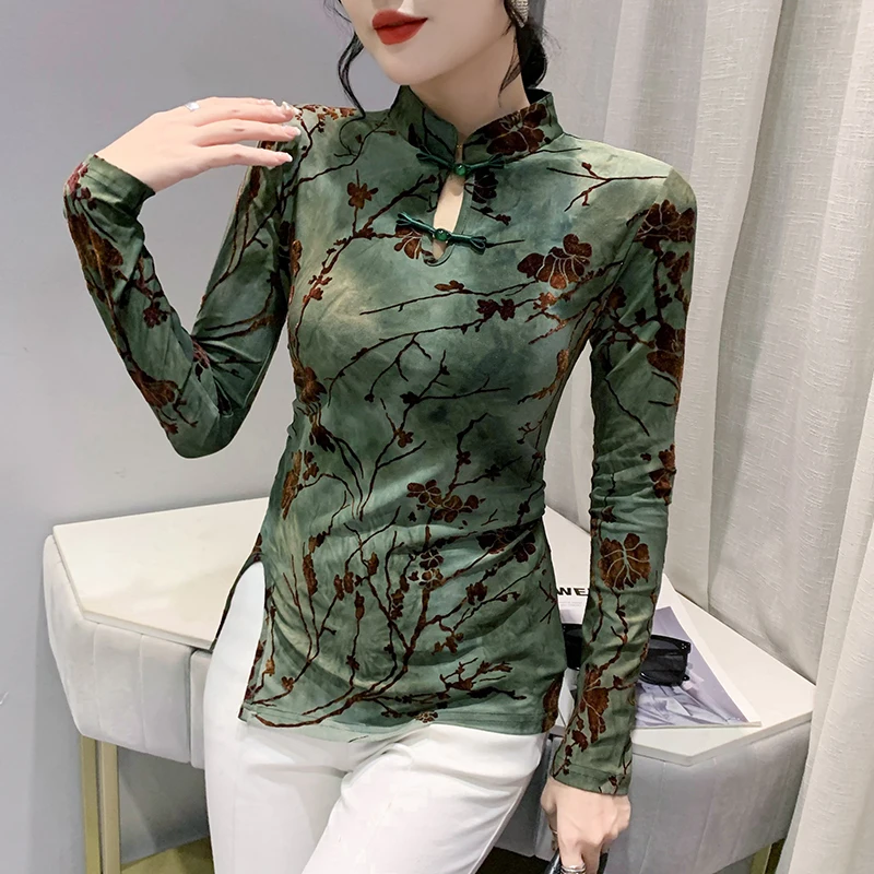 Vintage Mesh T Shirt Top Female Full Sleeve Flocking Chinese Style Collar Floral High Stretchy Tee Shirts For Women