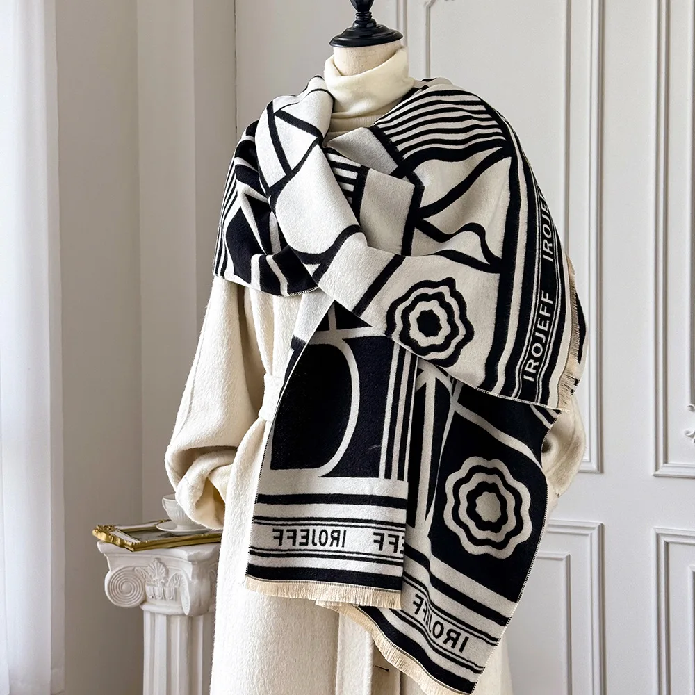 

New Brand Elegance Two-Sided Jacquard Scarf Fake Pashmina Soft Warm Fringe Shawl Winter Fashion Coldproof Windproof Blanket