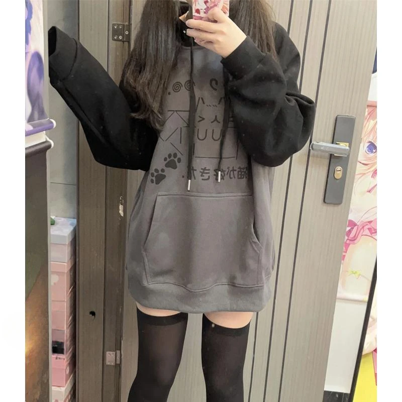 Herbst Japanische Kawaii Nette Y2k Ästhetischen Patchwork Fleece Hoodie Frauen Cartoon Katze Drucken Harajuku Retro Streetwear Sweatshirt