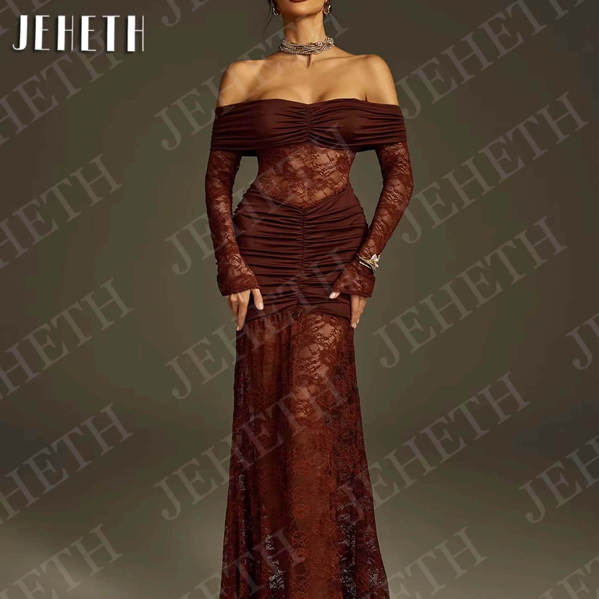 

JEHETH Mermaid Evening Dresses Off the Shoulder Customized Long Lace Long Sleeve Celebrity Party Dress Brown robes de soirée