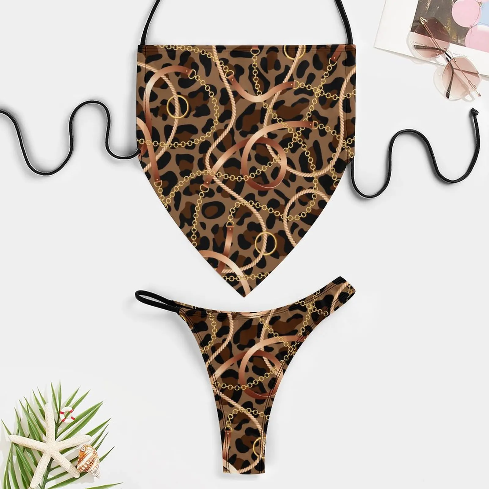 Microbikini con cadena dorada y cinturón para mujer, traje de baño con Push-Up, conjunto de Bikini de leopardo y guepardo, traje de baño de corte alto, Bikini Sexy para piscina