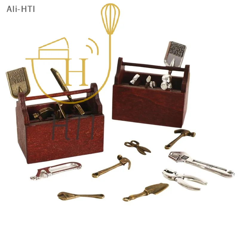 Realistic Dollhouse Miniature Tool Set, Metal Hammer Pliers Wrench Kit with Wooden Storage Box for DIY Craft Hobby Gifts