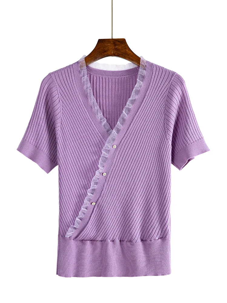 2024 Summer Designable Purple Cross V-neck Knitted Shirt Short Sleeve Western Style Slim Women Top Stretching Small Sweater