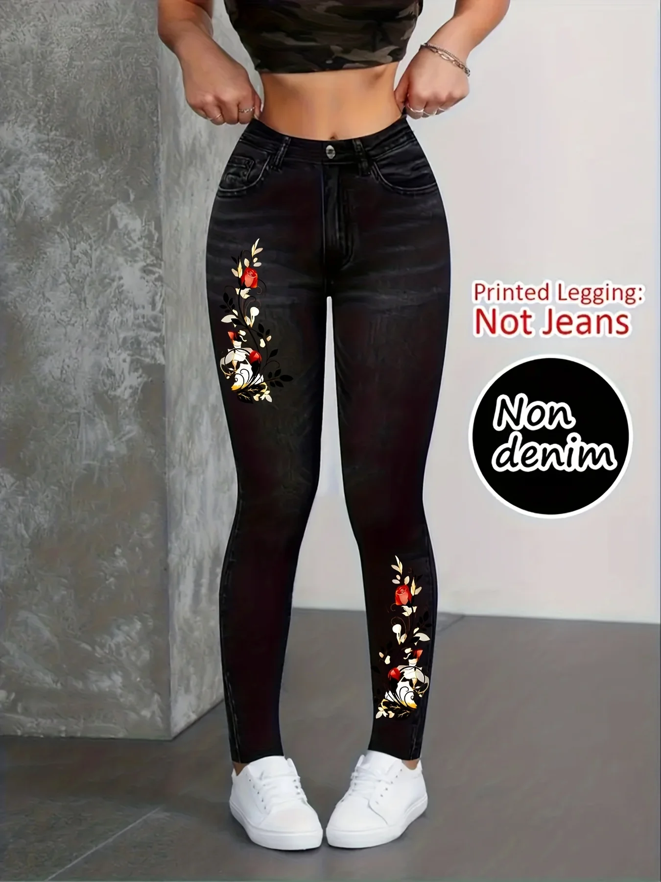 【Non-Denim】Women's Faux Denim Print Leggings, Sports Casual Skinny Pants, Thin Soft Skin-Friendly Yoga Pants, All Seasons Wear L