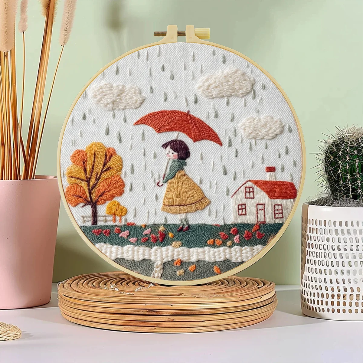 1 Stück 20X20CM/15X15CM 7,87/6,3 Zoll Ein kleines Mädchen, das an einem regnerischen Tag einen Regenschirm hält Taschen-Stickerei-Starter-Kit DIY-Kit Heimdekoration – Detail 1