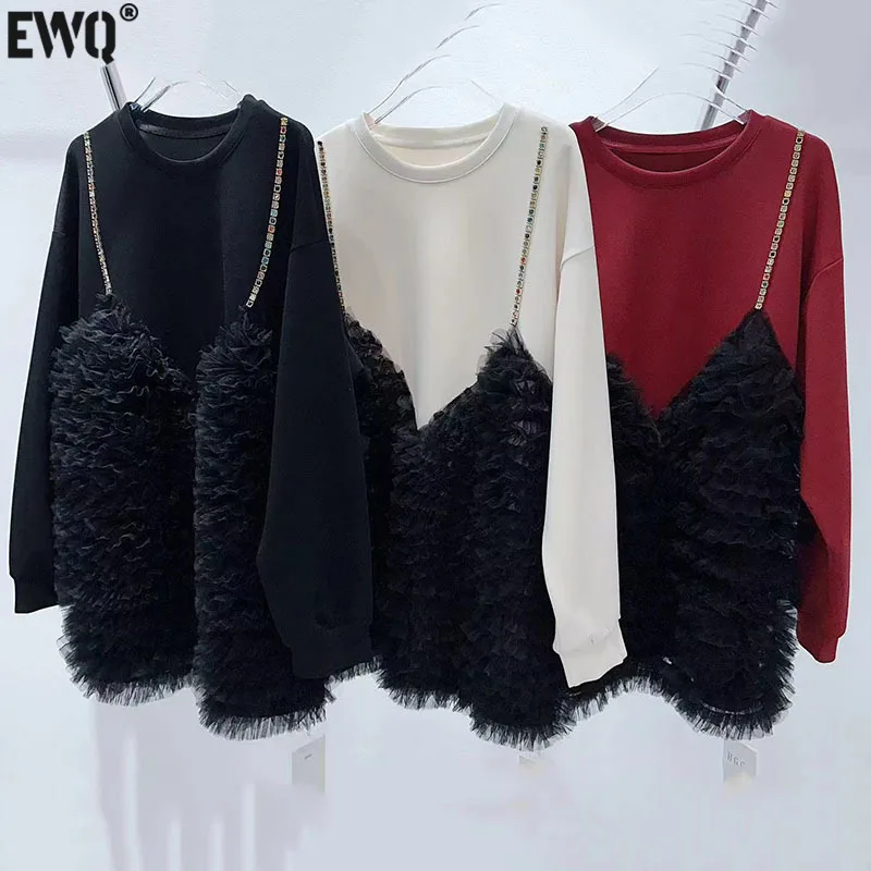 [EWQ] Sweet Big Size Trend Long Sweatshirt Mesh Splicing Suspender Beading Fake Two-piece Tops Women 2024 Autumn Pullover Knit