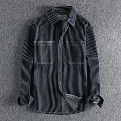 Autumn American Retro Heavyweight Denim Cargo Embroidery Striped Shirt Men's Fashion Pure Cotton Washed Casual Blouses Jacket