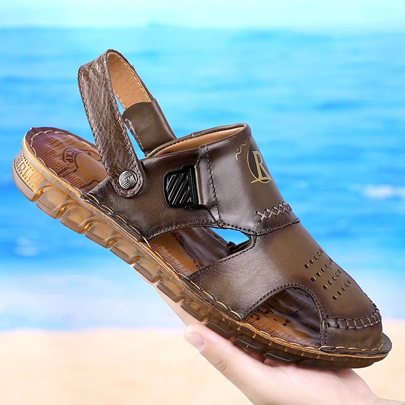 Summer Leather Retro Hollow Beef Tendon Sole Outdoor Beach Men\'s Sandals Designer New Casual Soft Sole Indoor Man Slippers