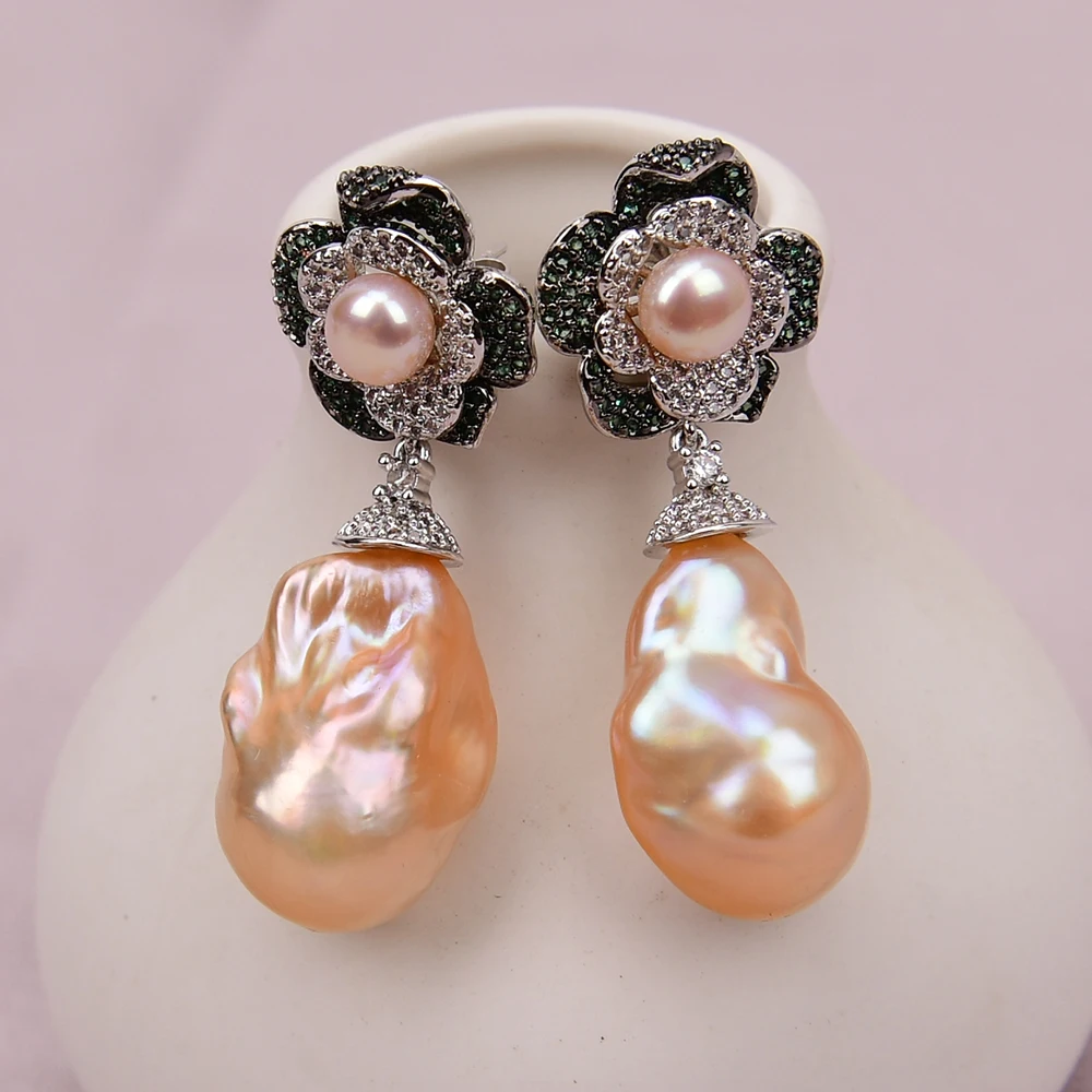 

GG Natural Cultured Pink Keshi Pearl Cz Pave Flower Stud Dangle Lever Back Pearl Earrings Handmade Lady Party Jewelry