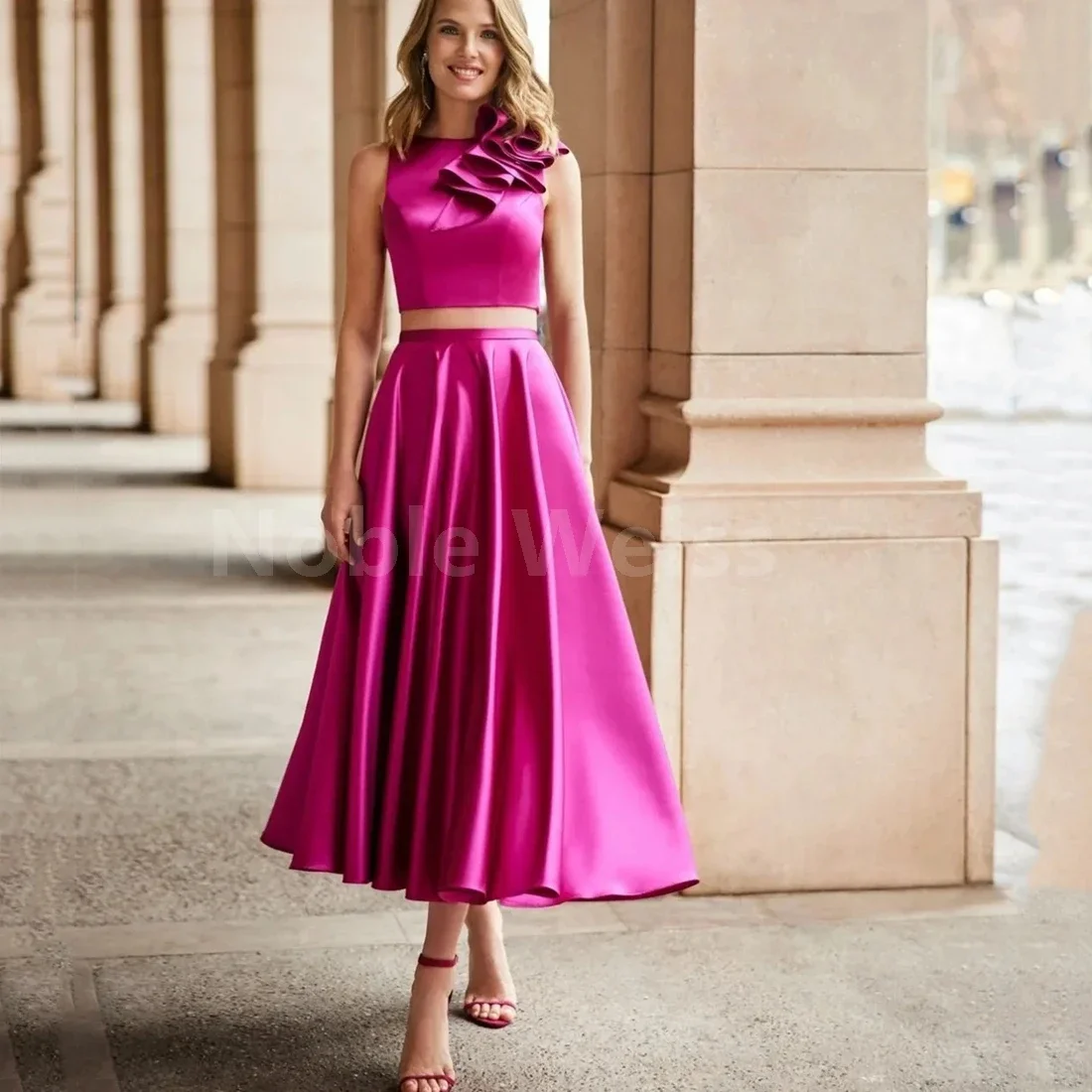 Chic Short Fuchsia Satin Evening Dresses with Pockets A-Line 2 Pieces Pleated Gowns Formal Occasion Dress Customized