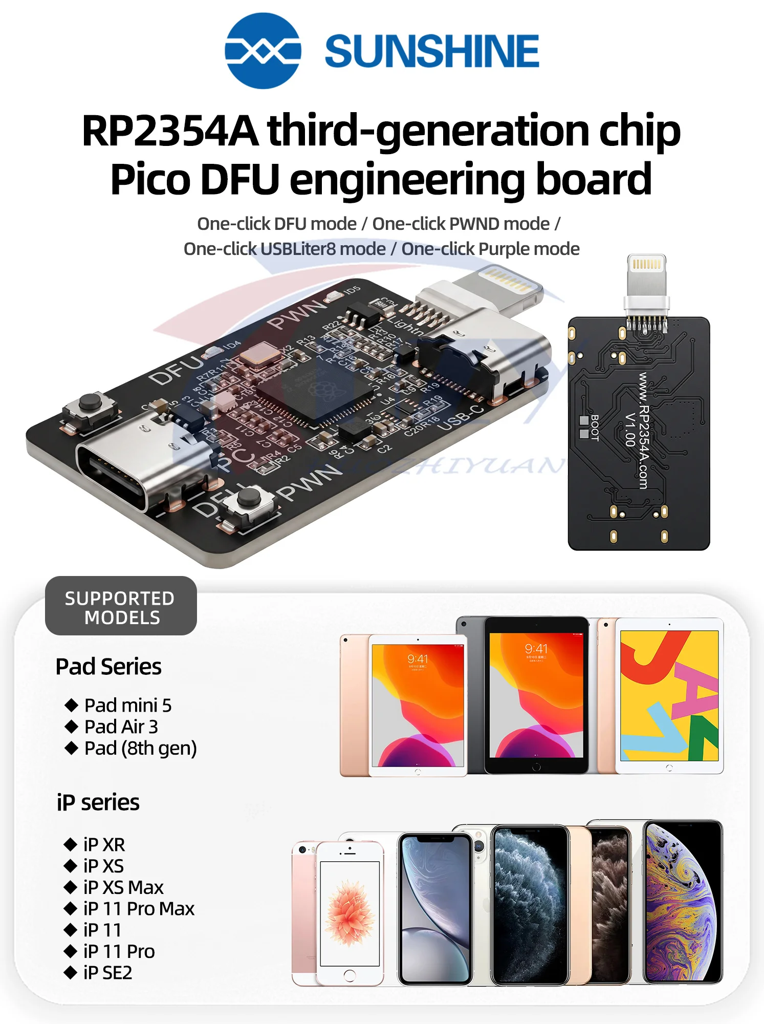 SUNSHINE RP2354A THIRD-GENERATION CHIPPICO DFU ENGINEERING BOARD Box One Click DFU Data/ Restart AUTOMATIC DFU ENTRY/ PWN MODE