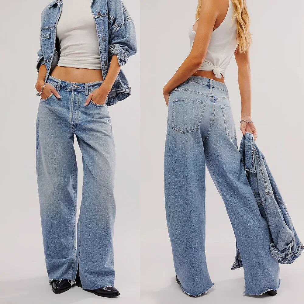 

Jeans Women Wide Leg Pants Mid Waist Washed Distressed Pockets Vintage Straight Denims Split Trousers Streetwear Floor Length
