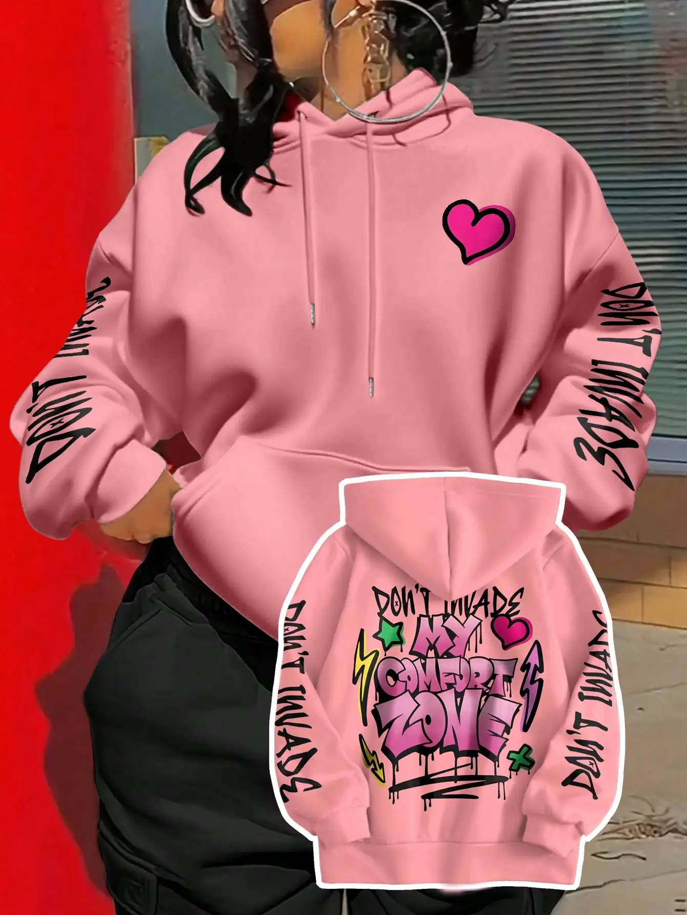 

Pink Oversized Hoodie with Graffiti Print & Heart Motif, Loose Fit Streetwear Sweatshirt