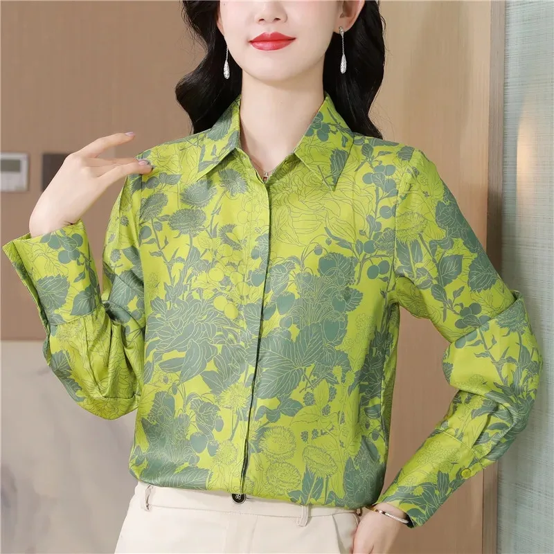 

High-End Women Green Print Shirt Vintage Autumn New Fashion Mom Silk Long Sleeve Lapel Blouse Casual Tops Ladies Clothes T1309
