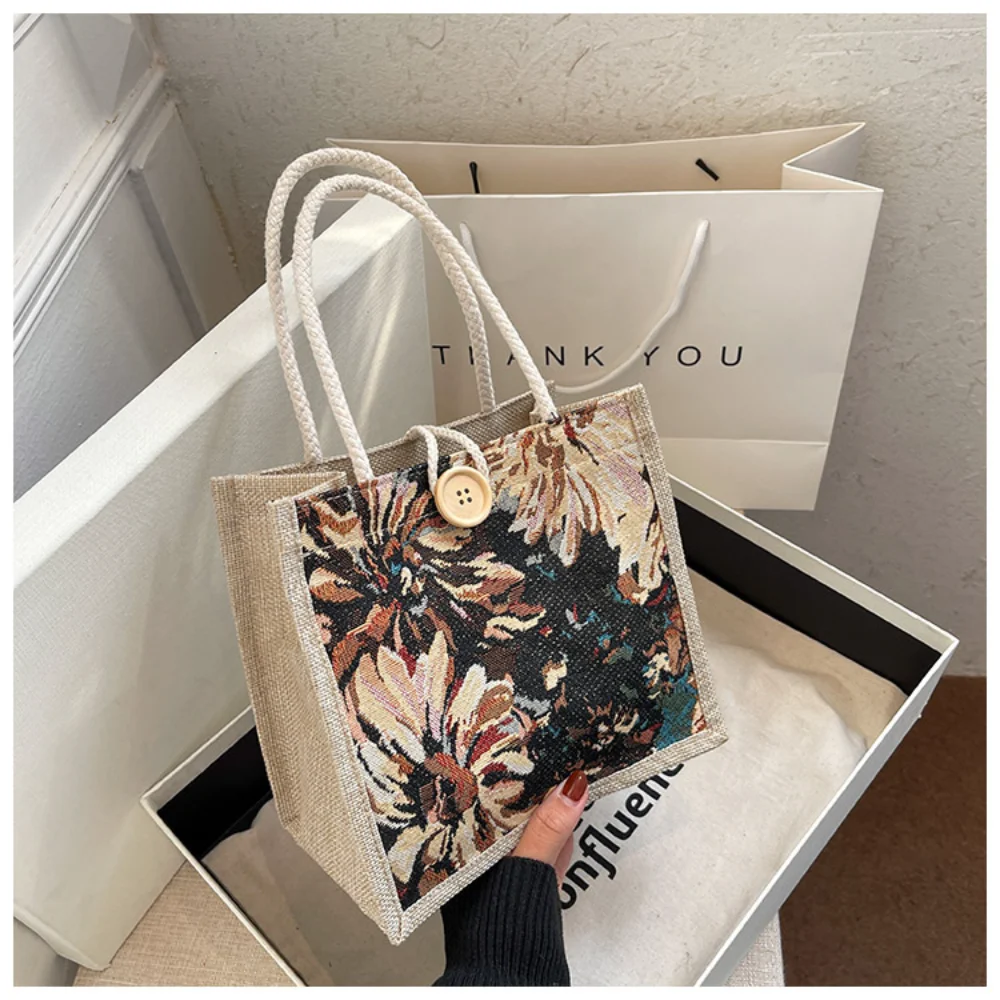 Flower Print Burlap Tote Bag Women Linen Tote Shopper Purses Summer Beach Outgoing Handbags Portable Eco Top Handle Shopping Bag