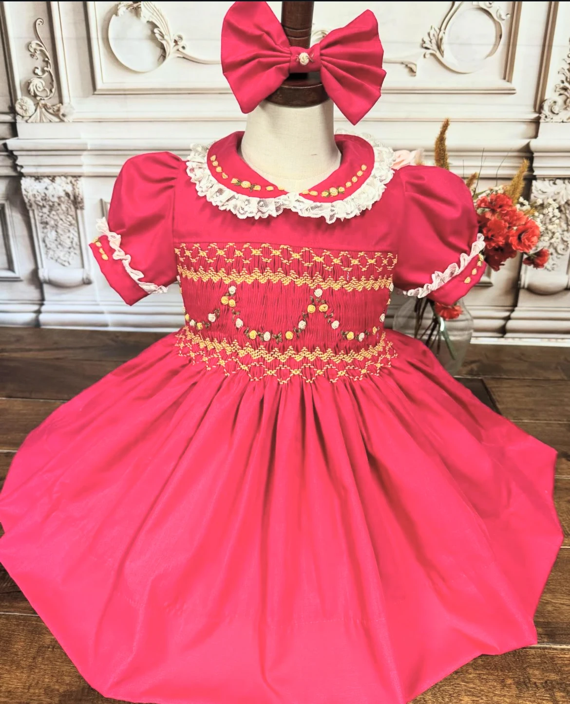 1-12Y Baby Girl Rose Red Smocked Dress for Eid Birthday Holiday Photography Casual