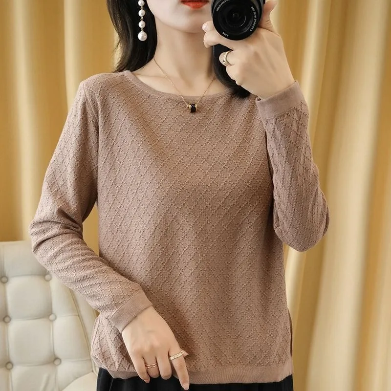 Women\'s Clothing Round Neck Solid Color Pullover Long Sleeve Screw Thread Sweater Knitted Casual Elegant Spring Autumn Tops