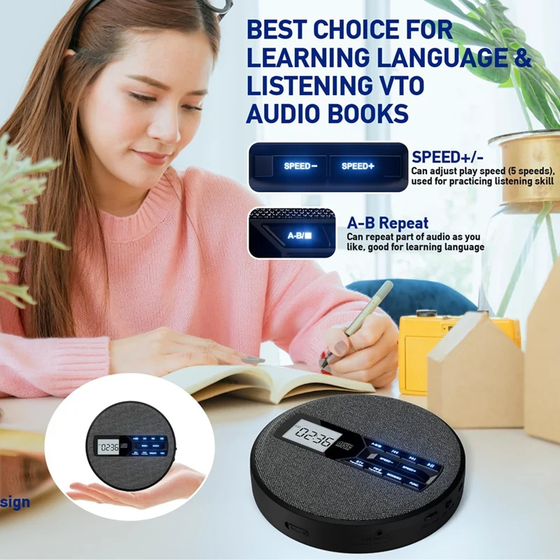 Reproductor de CD portátil, reproductor de CD recargable con altavoces duales y antisaliva, CD, Bluetooth dual, transmisión FM, USB, AUX-VVNB