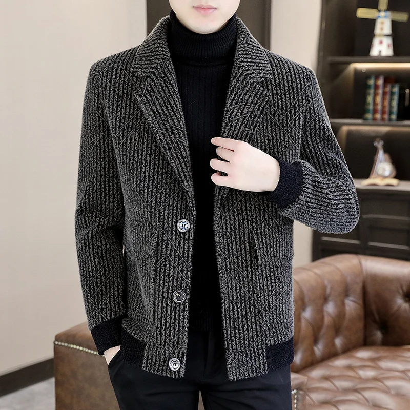 Winter Wool Blends Jackets Men Thicken Keep Warm Coats Fashion Lapel Striped Casual Business Trench Coat Streetwear Overcoat