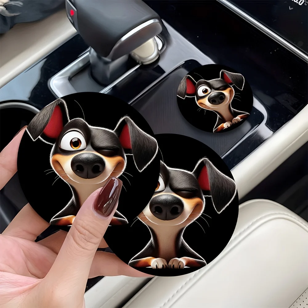 2pcs Cute Dog Winking And Playfully Smiling Themed Printed Pattern Car Coasters - Durable Non-Slip Car Cup Holder Mats With Ador