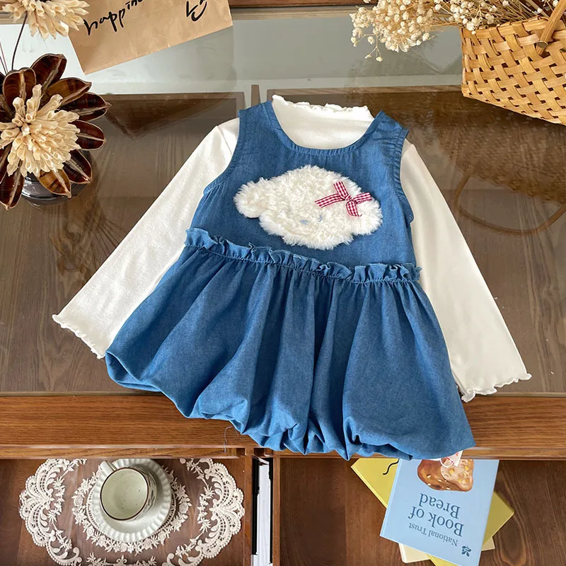 

Girls' Denim Tank Top Dresses Set Cartoon Plush Dog A-line Princess Dress + White Long Sleeve T-shirt Pullover Autumn Set