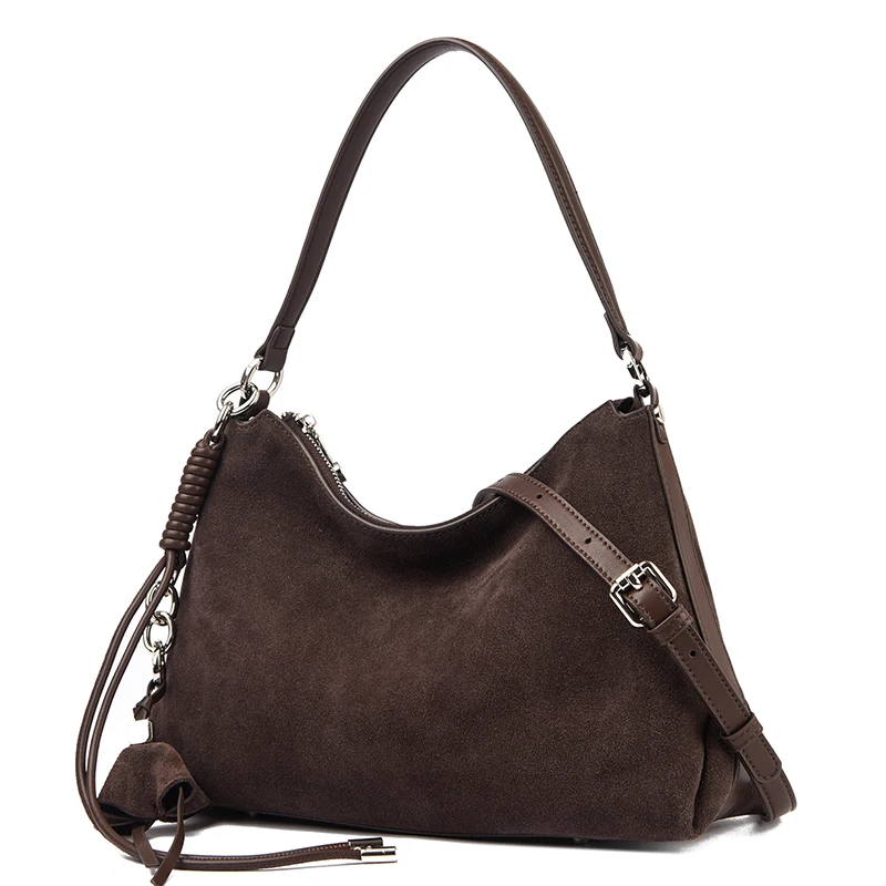 100% Echtes Wildleder Damen Schulter-Umhängetaschen Retro Echtleder Handtasche Designer Große Kapazität Pendler-Handtaschen – Detail 20