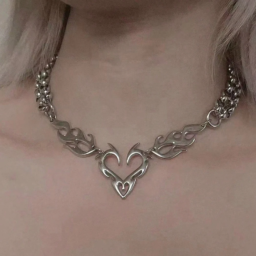 Y2K Punk Silver Hollow Flame Heart Pendant Women's Hip Hop Party Jewelry Gift
