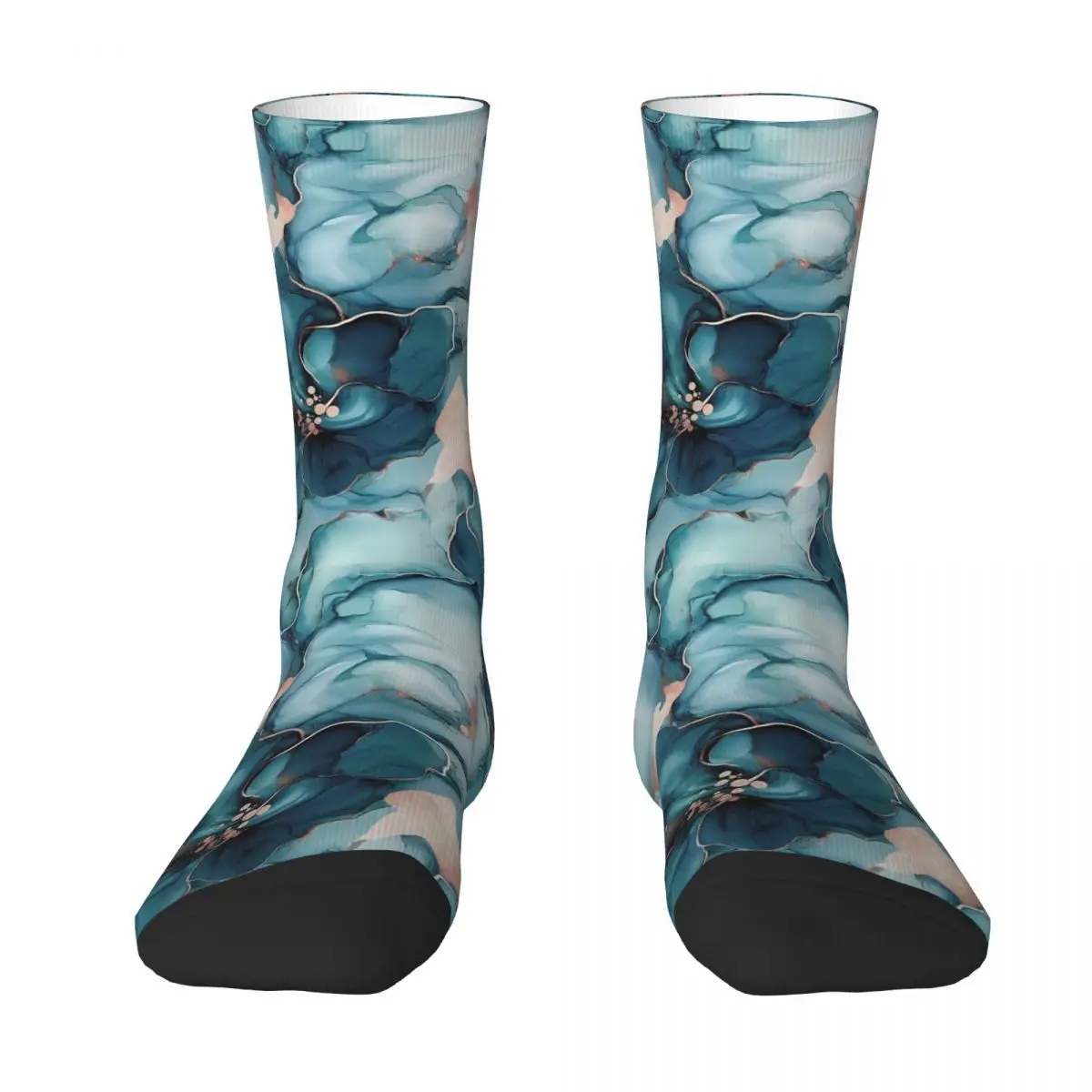 Teal Alcohol Ink Flowers Socks Harajuku Sweat Absorbing Stockings All Season Long Socks Accessories for Unisex Christmas Gifts