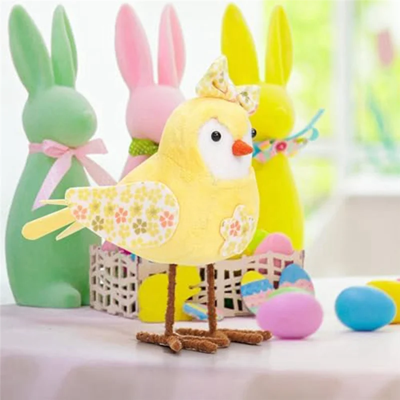 Easter Decorations Easter Bird Ornaments With Long Leg & Printed Scarf And Bow For Table Yellow
