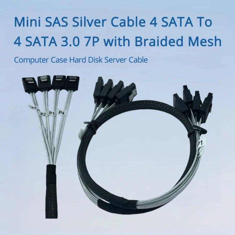 Mini SAS Silver Cable 4 SATA To 4 SATA 3.0 7P with Braided Mesh Computer Case Hard Disk Server Cable Length Optional 0.5M 1M