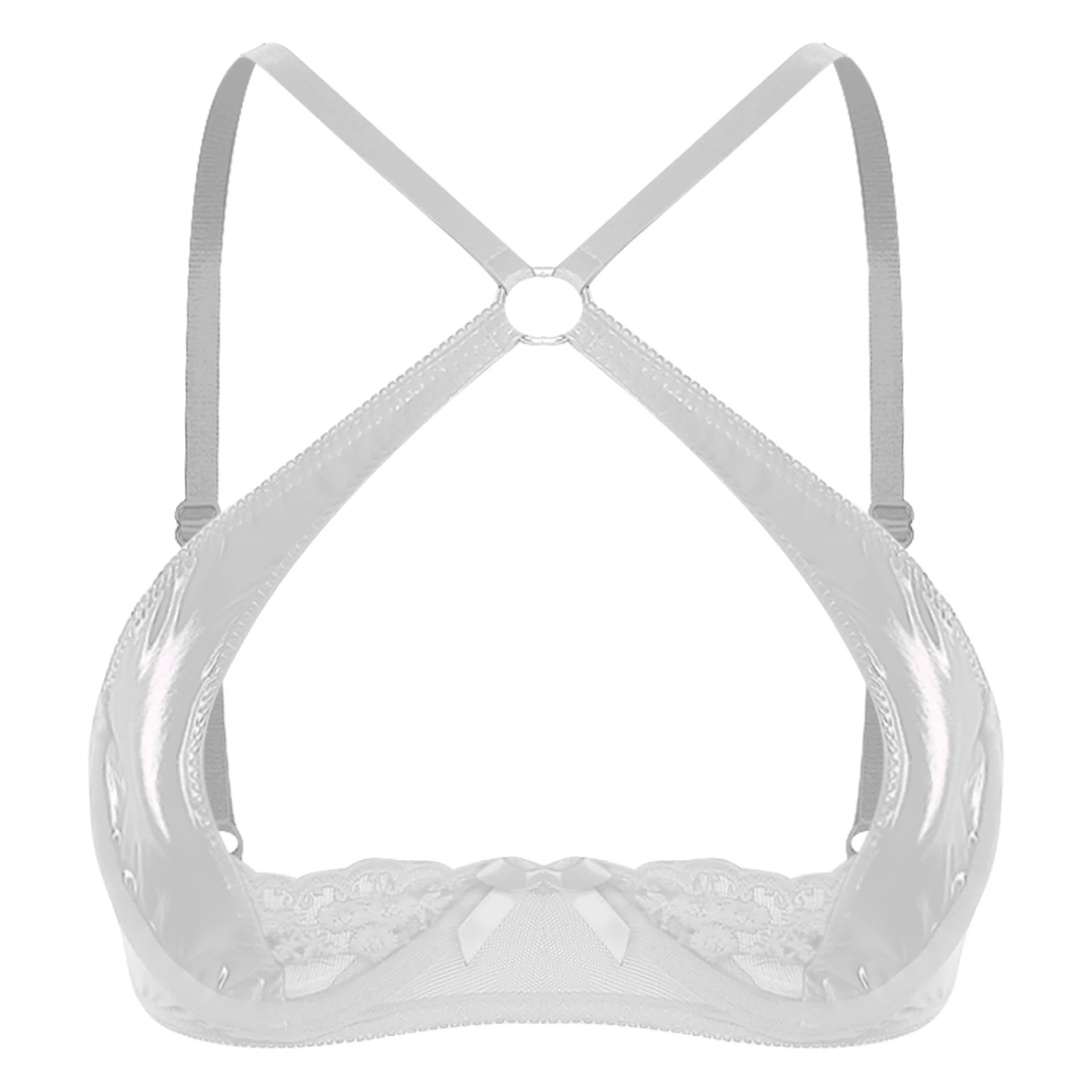 Sissy Women Lingerie Cutout Breast See Through Bra Underwear PU Embroidered Lace Crisscross Brassier for Dating Porn Nightwear