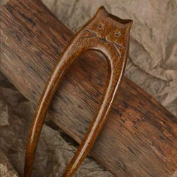 Chinese Cat Pattern Hair Sticks Wooden U Shaped Hair Forks for Women Girls Hanfu Hairpin Headwear Colors may vary