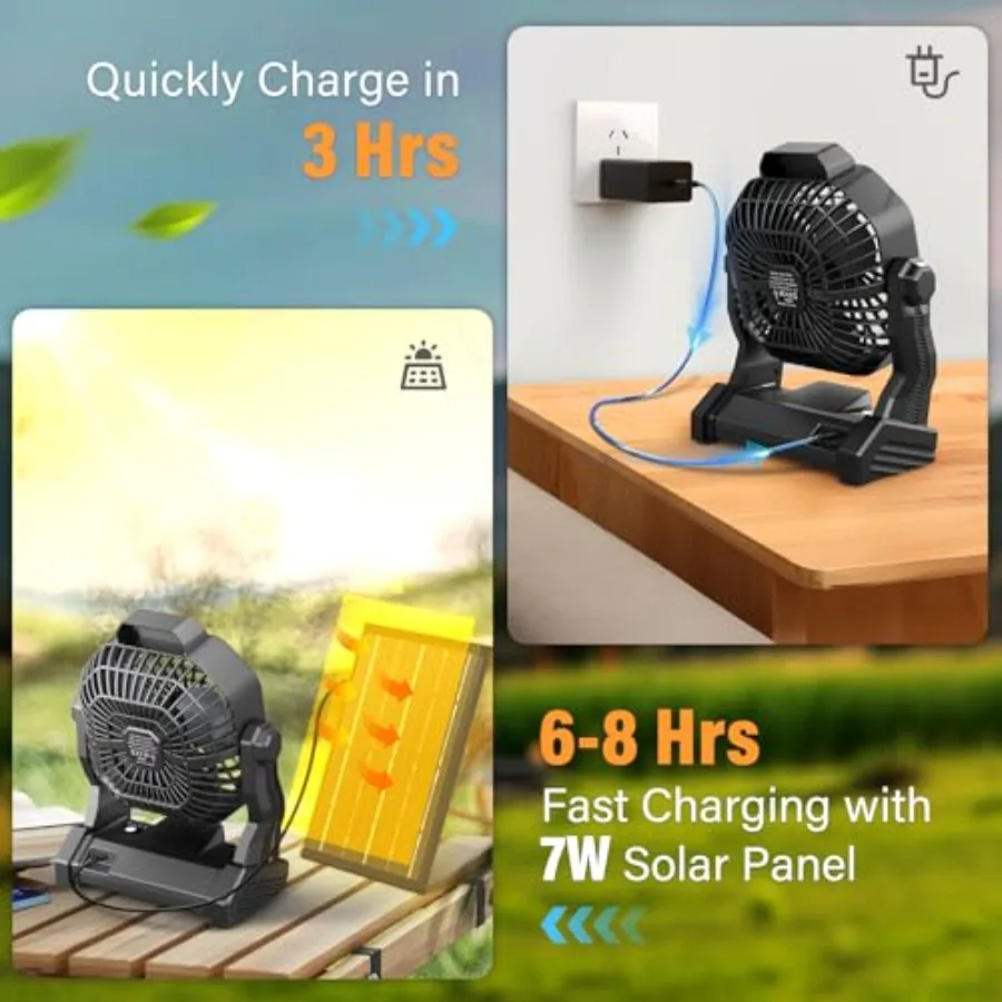 Solar Fan with LED Lantern, Camping Fan with 7W Solar Panel, Rechargeable Solar Powered for Outside, Quiet Battery Operated Ten