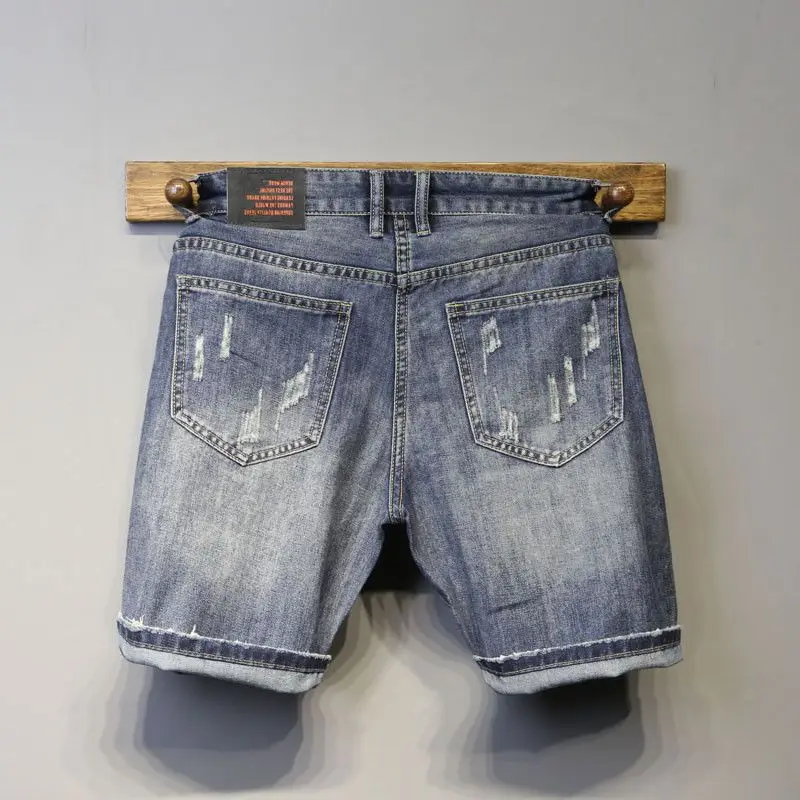 Half Long Knee Length Man Denim Shorts Straight Short Jeans Pants for Men Ripped Sale Distressed Luxury Stretchable Wih Zipper