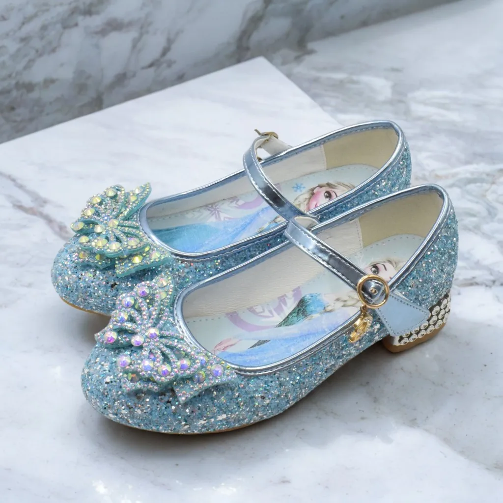 

Disney Princess Elsa Leather Shoes Girls' High Heels Shoes Fashion Girls' Crystal Shiny Children's Blue Pink Shoes Size 26-35